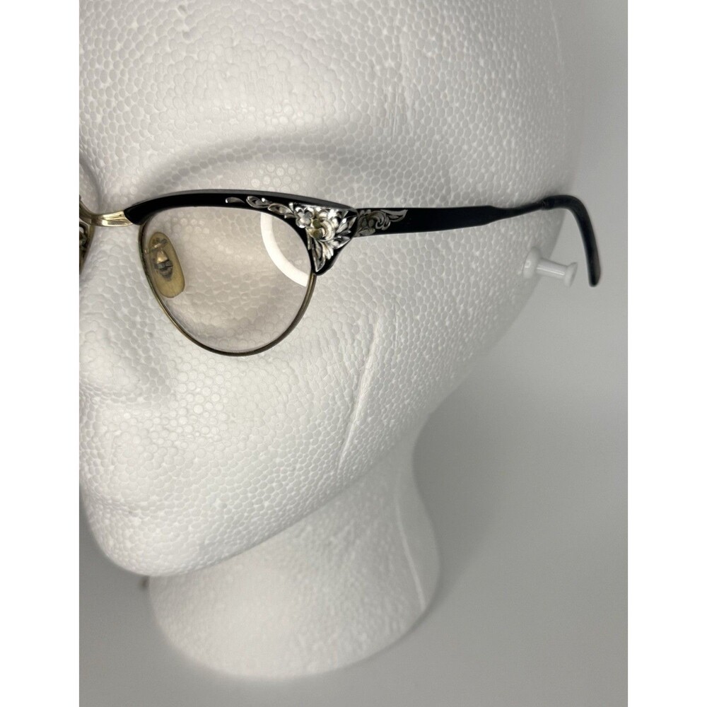 Vintage UOC Eyeglasses 1950s Cat Eye Black N Silver Aluminum Frame Floral Etched - Picture 3 of 7